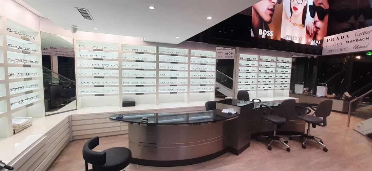 Eyewear display at Eyesense Race Course Road - Boss, Prada, Gucci