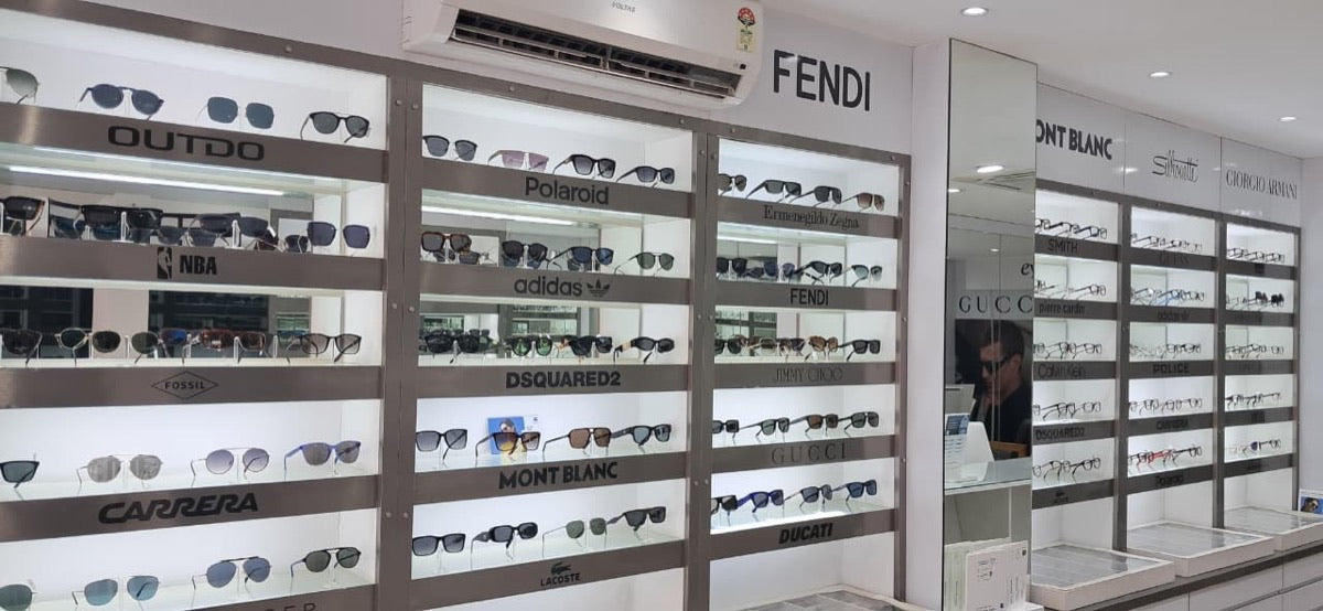 Sunglasses display - Fendi, Carrera, Mont Blanc at Eyesense HSR
